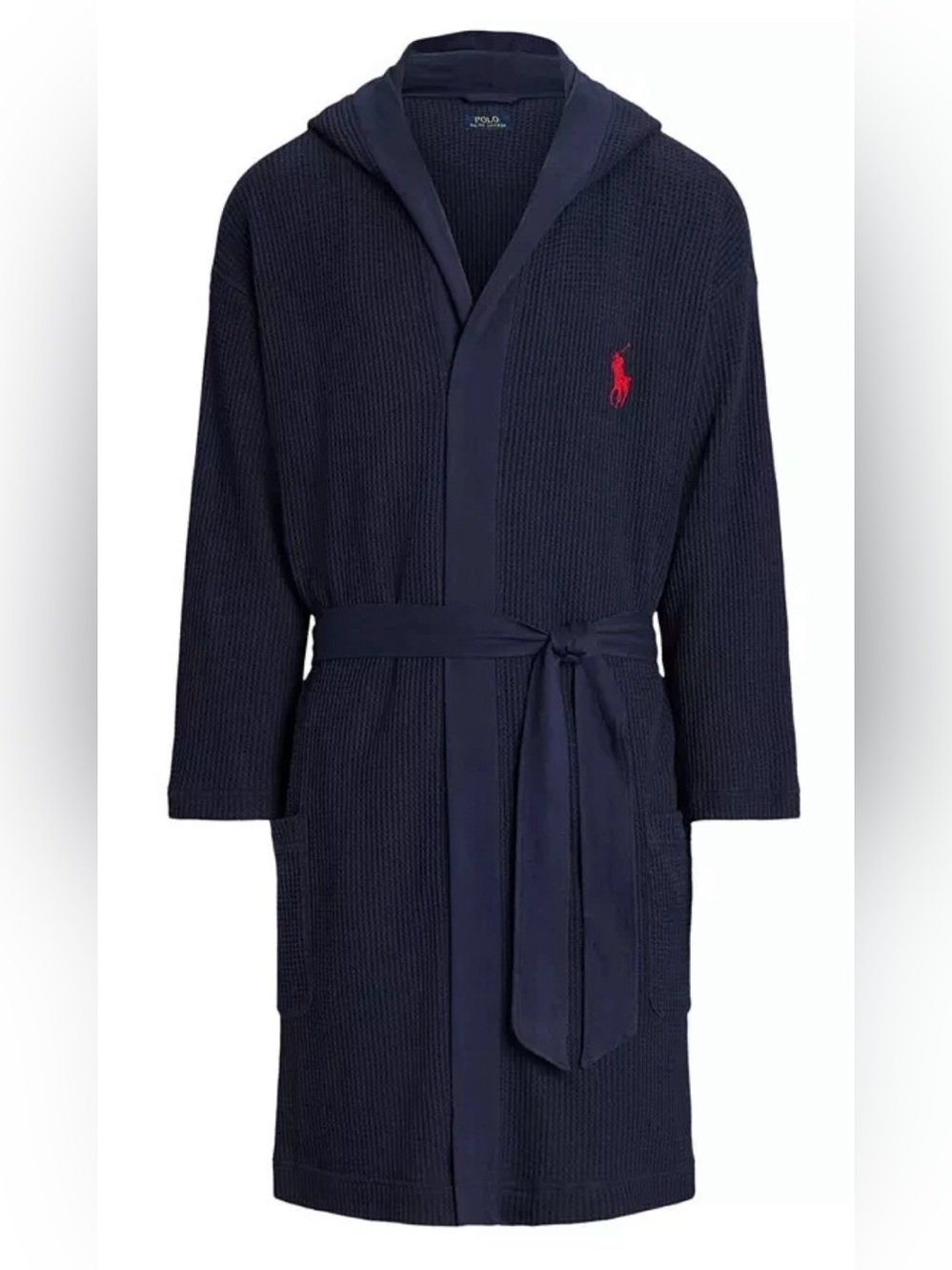 Polo Ralph Lauren Mens Navy Waffle Knit Hooded Bathrobe Red Pony Belted Large